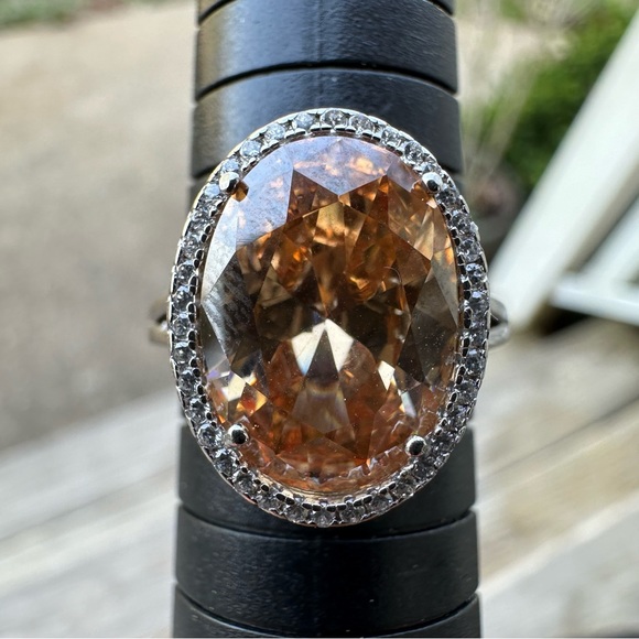 Jewelry - Champagne CZ and 925 Silver CZ  Halo Ring